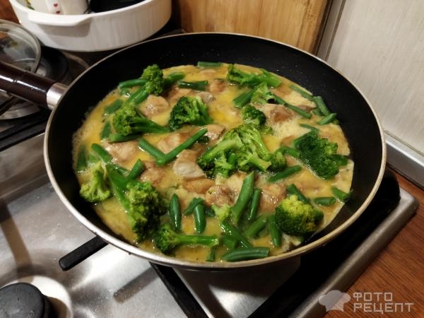 Рецепт: Куриное филе с брокколи и стручковой фасолью - на сковороде с яйцами и зеленью Рецепт: Куриное филе с брокколи и стручковой фасолью - на сковороде с яйцами и зеленью