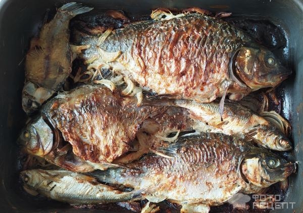 Рецепт: Карп запеченный - в духовке со сметаной и луком.